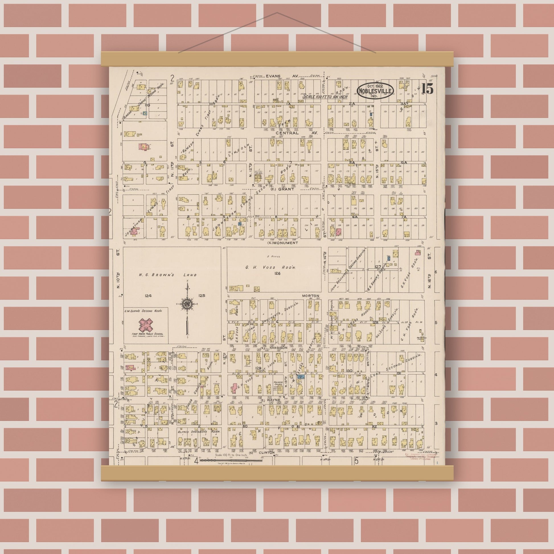 Old map wall art mockup — magnetic wood frame on brick wall — Sanborn Fire Insurance Map from Noblesville, Hamilton County, Indiana (1922), Sheet #0015