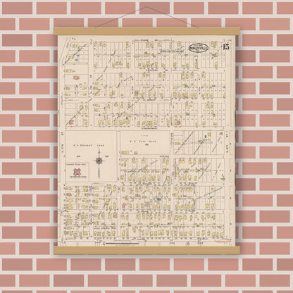 Old map wall art mockup — magnetic wood frame on brick wall — Sanborn Fire Insurance Map from Noblesville, Hamilton County, Indiana (1922), Sheet #0015