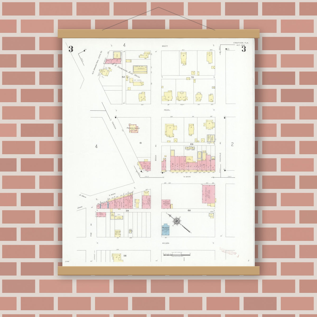 Old map wall art mockup — magnetic wood frame on brick wall — Sanborn Fire Insurance Map from Crestview, Okaloosa County, Florida (1939), Sheet #0003