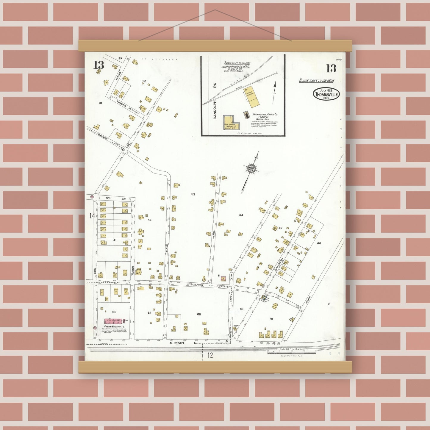 Old map wall art mockup — magnetic wood frame on brick wall — Sanborn Fire Insurance Map from Thomasville, Davidson County, North Carolina (1923), Sheet #0013