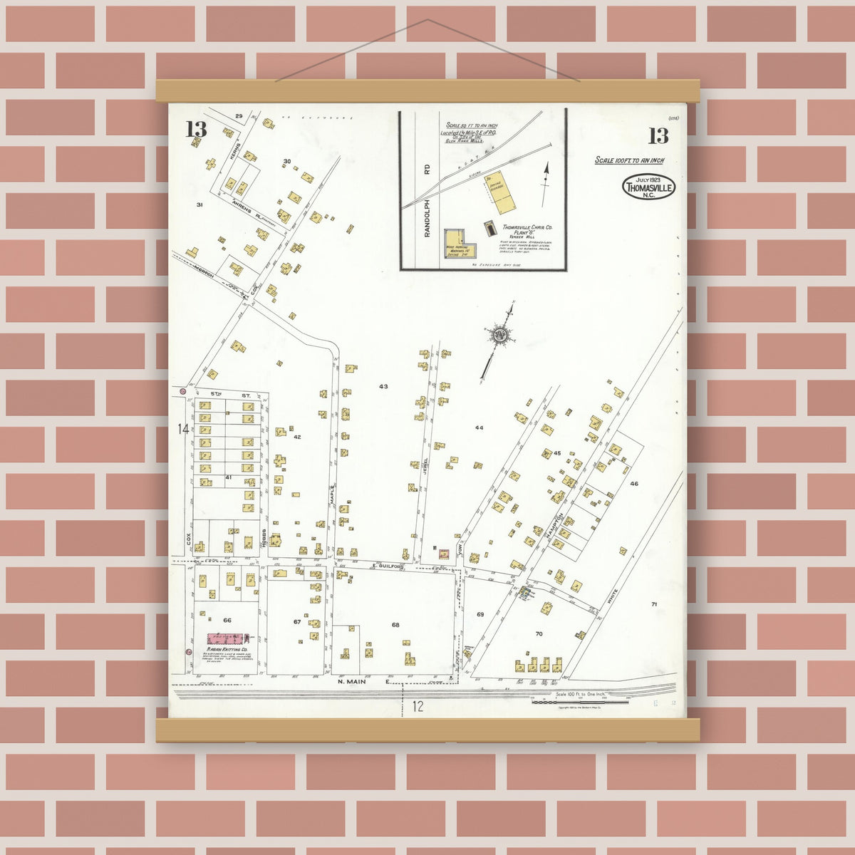 Old map wall art mockup — magnetic wood frame on brick wall — Sanborn Fire Insurance Map from Thomasville, Davidson County, North Carolina (1923), Sheet #0013