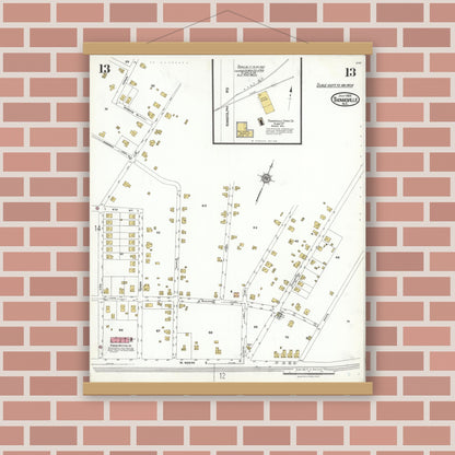 Old map wall art mockup — magnetic wood frame on brick wall — Sanborn Fire Insurance Map from Thomasville, Davidson County, North Carolina (1923), Sheet #0013