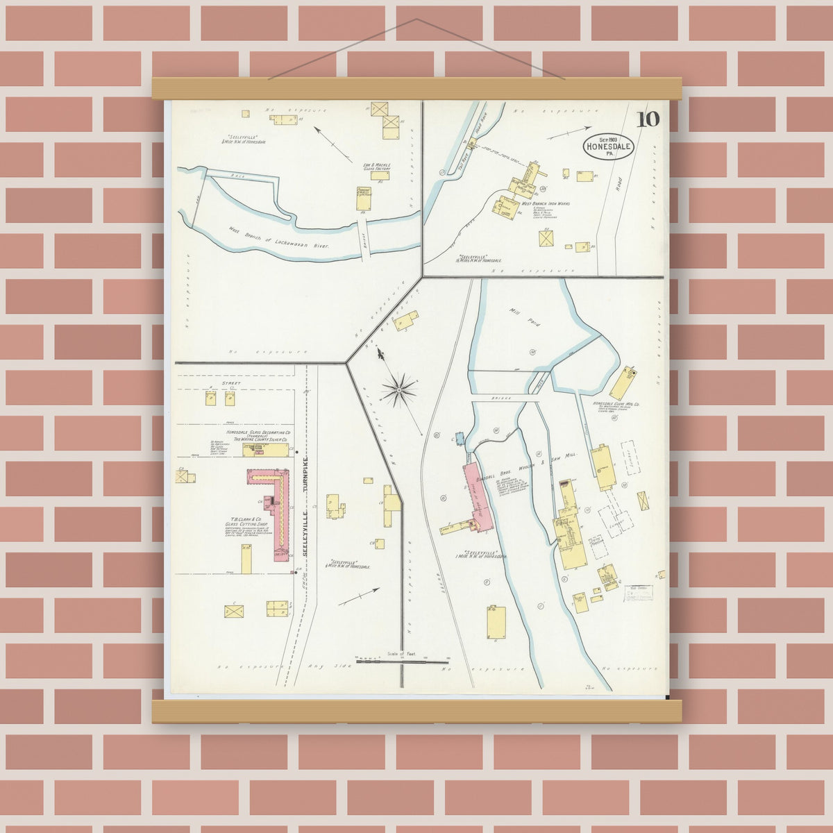 Old map wall art mockup — magnetic wood frame on brick wall — Sanborn Fire Insurance Map from Honesdale, Wayne County, Pennsylvania (1903), Sheet #0010