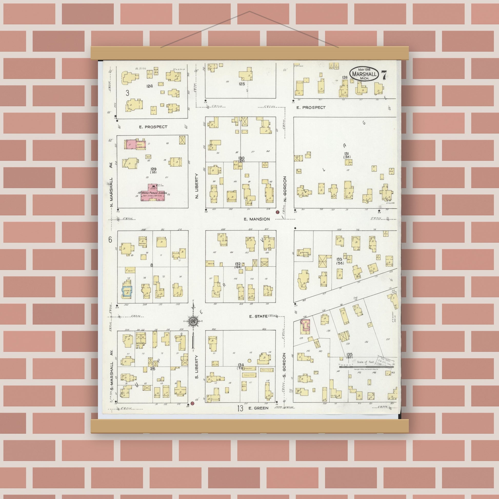 Old map wall art mockup — magnetic wood frame on brick wall — Sanborn Fire Insurance Map from Marshall, Calhoun County, Michigan (1916), Sheet #0007