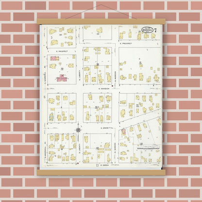 Old map wall art mockup — magnetic wood frame on brick wall — Sanborn Fire Insurance Map from Marshall, Calhoun County, Michigan (1916), Sheet #0007