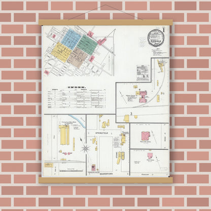 Old map wall art mockup — magnetic wood frame on brick wall — Sanborn Fire Insurance Map from Virginia, Cass County, Illinois (1900), Sheet #0001