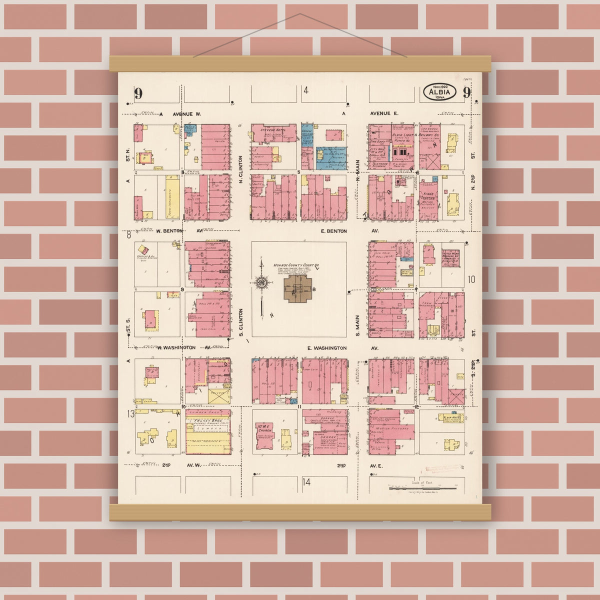 Old map wall art mockup — magnetic wood frame on brick wall — Sanborn Fire Insurance Map from Albia, Monroe County, Iowa (1922), Sheet #0009