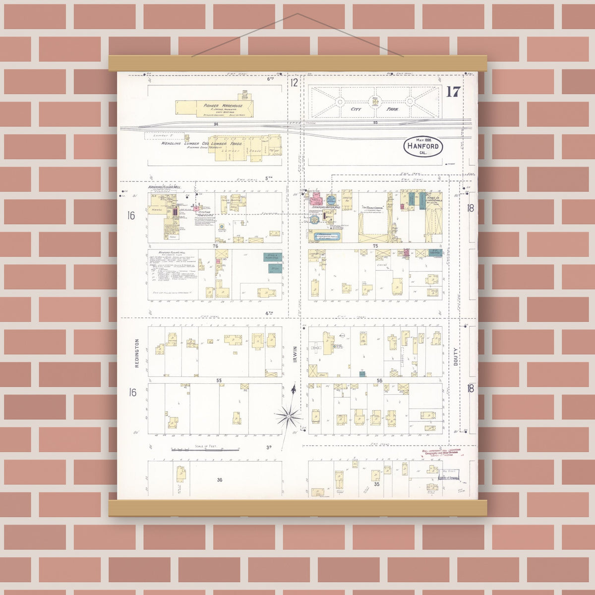 Old map wall art mockup — magnetic wood frame on brick wall — Sanborn Fire Insurance Map from Hanford, Kings County, California (1898), Sheet #0017