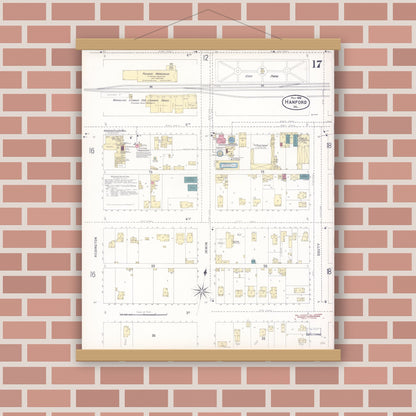 Old map wall art mockup — magnetic wood frame on brick wall — Sanborn Fire Insurance Map from Hanford, Kings County, California (1898), Sheet #0017
