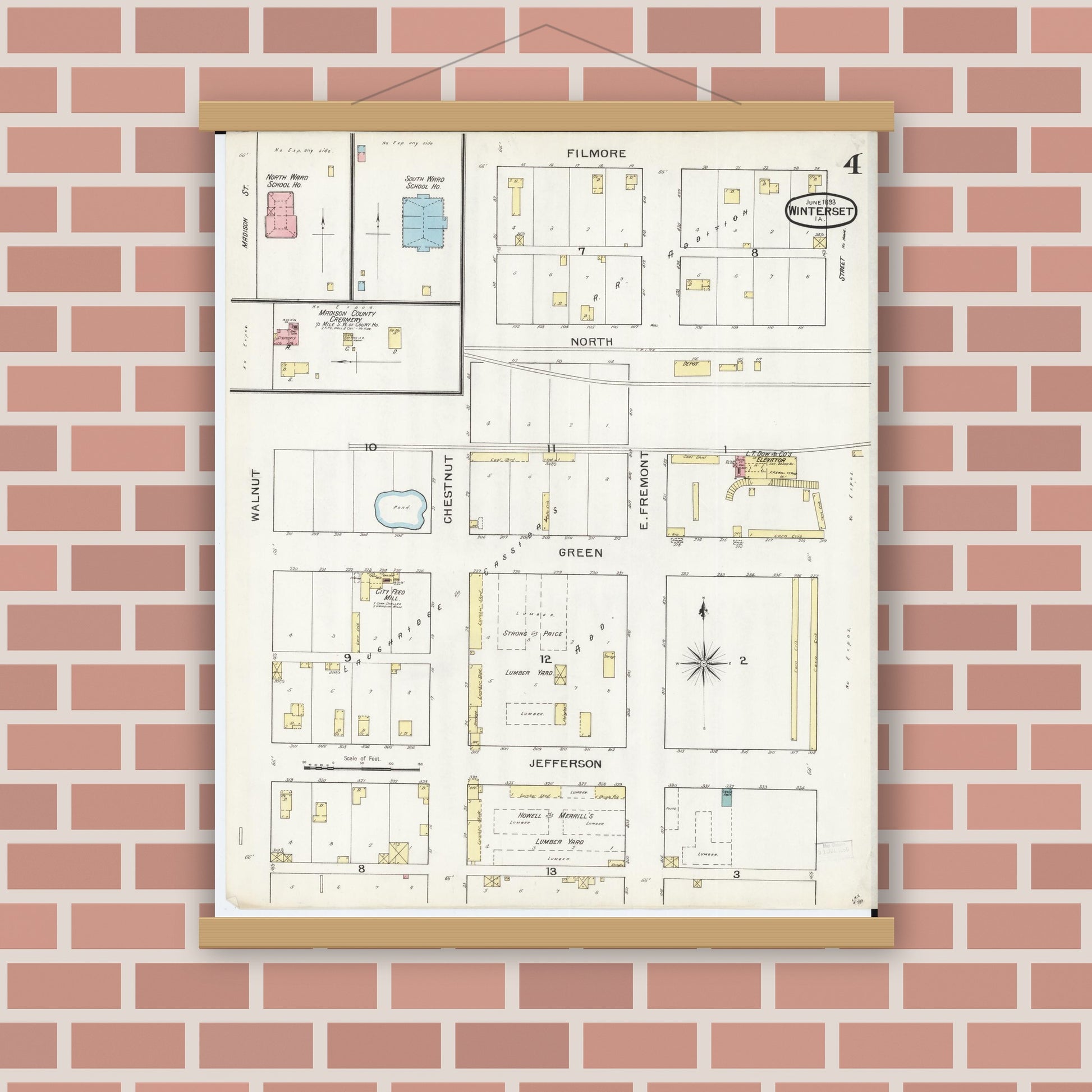 Old map wall art mockup — magnetic wood frame on brick wall — Sanborn Fire Insurance Map from Winterset, Madison County, Iowa (1893), Sheet #0004
