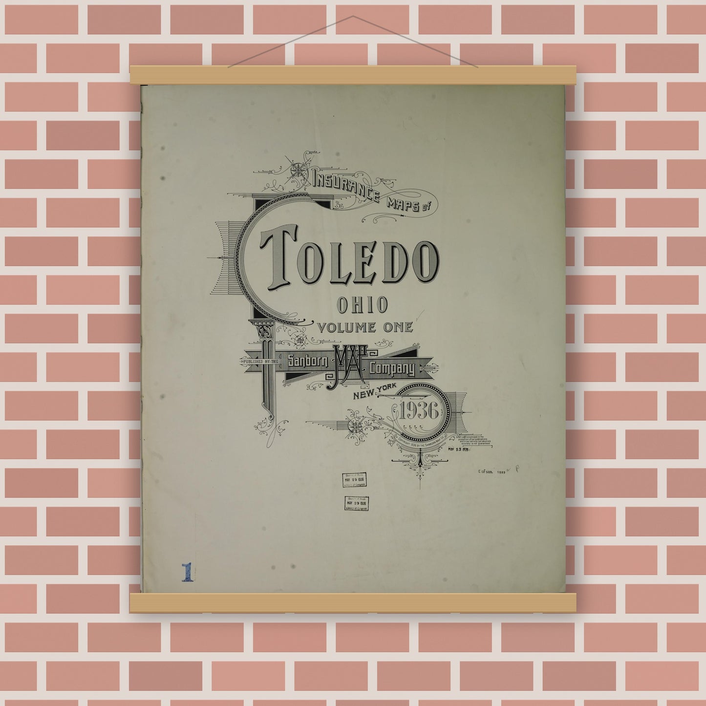 Old map wall art mockup — magnetic wood frame on brick wall — Sanborn Fire Insurance Map from Toledo, Lucas County, Ohio (1936), Sheet #0001