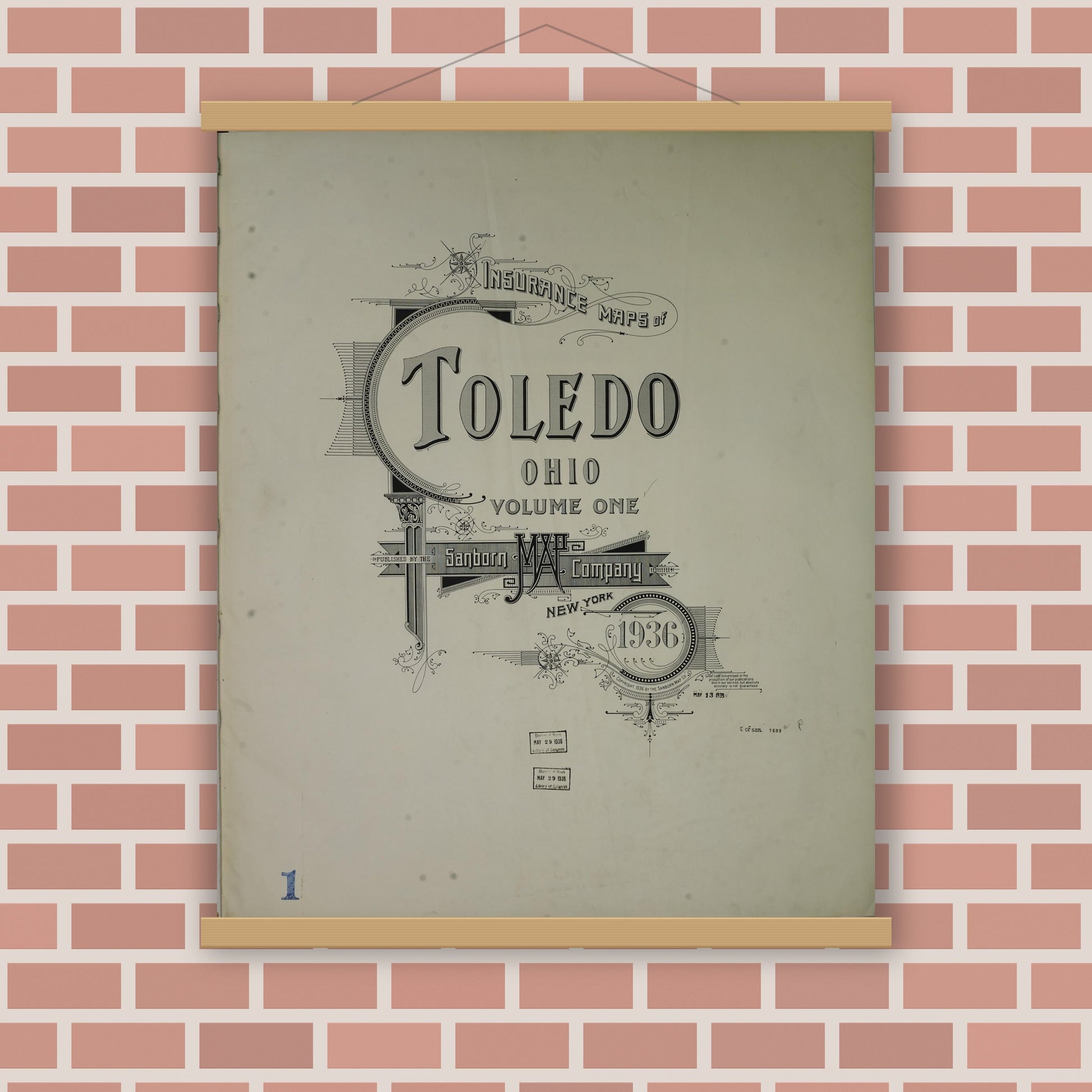 Old map wall art mockup — magnetic wood frame on brick wall — Sanborn Fire Insurance Map from Toledo, Lucas County, Ohio (1936), Sheet #0001