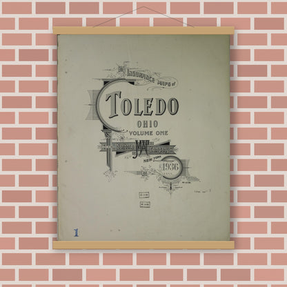 Old map wall art mockup — magnetic wood frame on brick wall — Sanborn Fire Insurance Map from Toledo, Lucas County, Ohio (1936), Sheet #0001