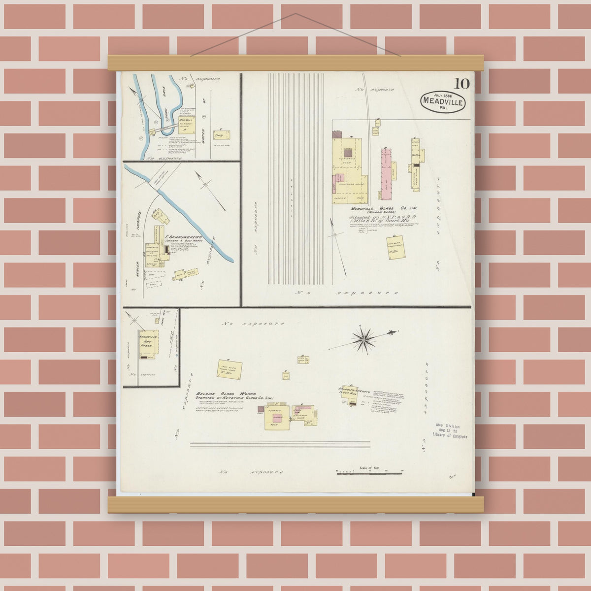 Old map wall art mockup — magnetic wood frame on brick wall — Sanborn Fire Insurance Map from Meadville, Crawford County, Pennsylvania (1886), Sheet #0010