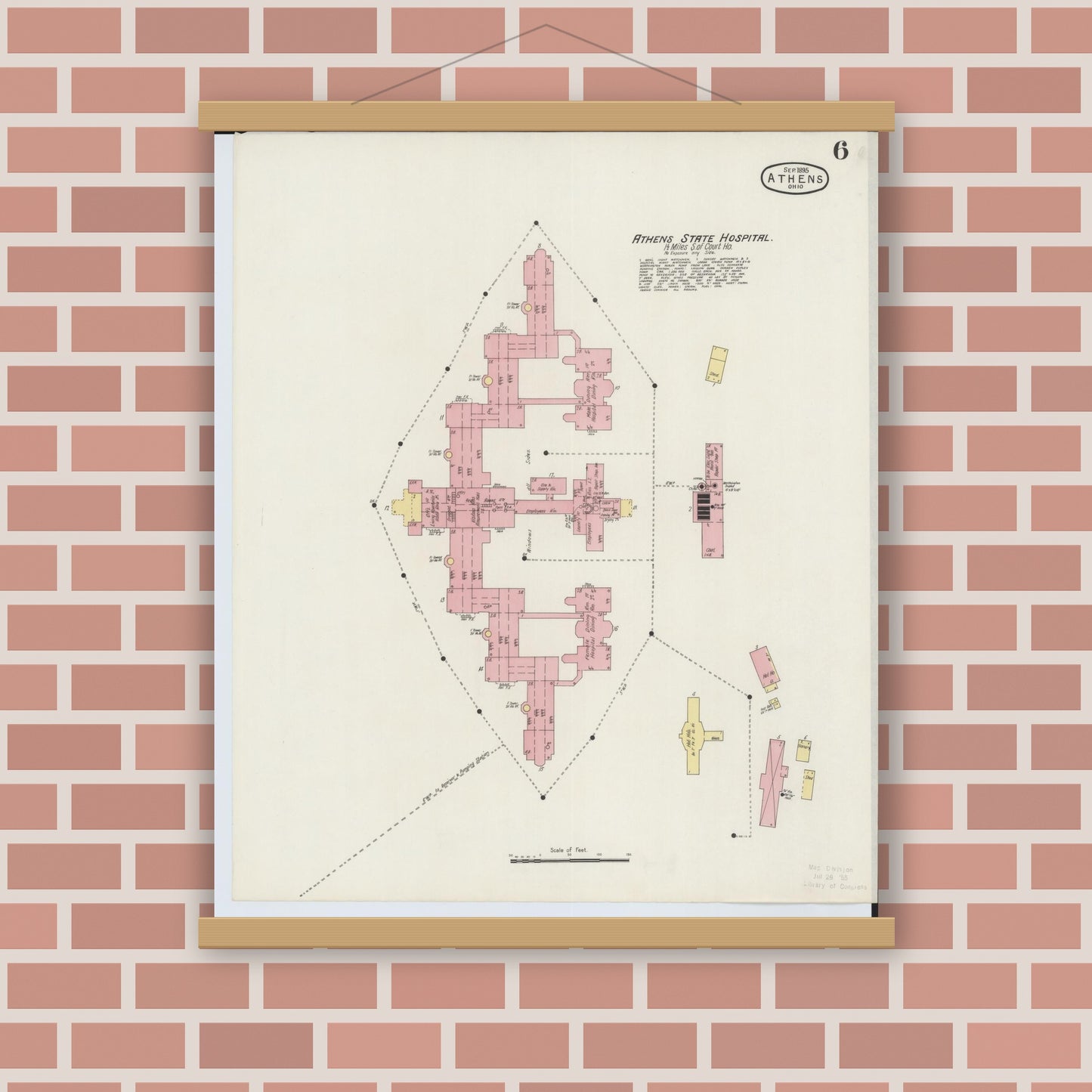 Old map wall art mockup — magnetic wood frame on brick wall — Sanborn Fire Insurance Map from Athens, Athens County, Ohio (1895), Sheet #0006