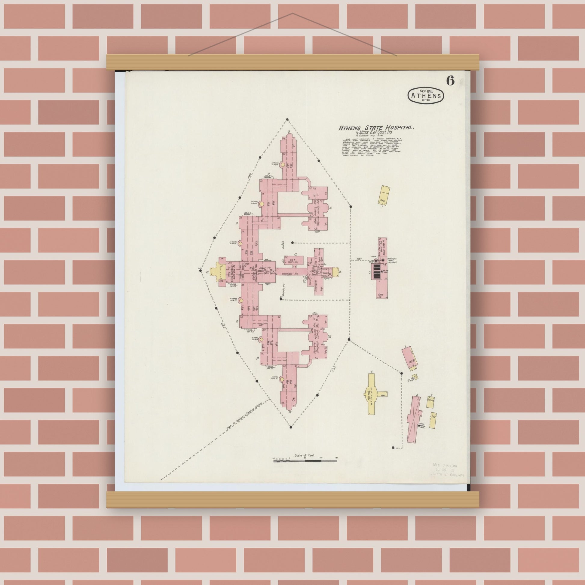 Old map wall art mockup — magnetic wood frame on brick wall — Sanborn Fire Insurance Map from Athens, Athens County, Ohio (1895), Sheet #0006