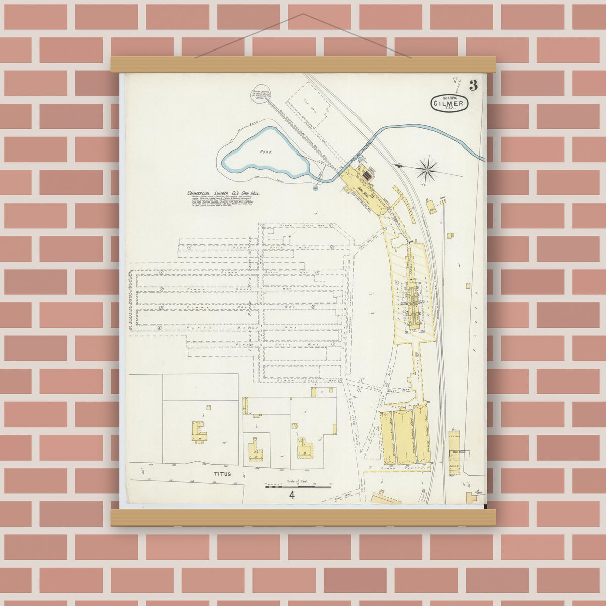 Old map wall art mockup — magnetic wood frame on brick wall — Sanborn Fire Insurance Map from Gilmer, Upshur County, Texas (1896), Sheet #0003