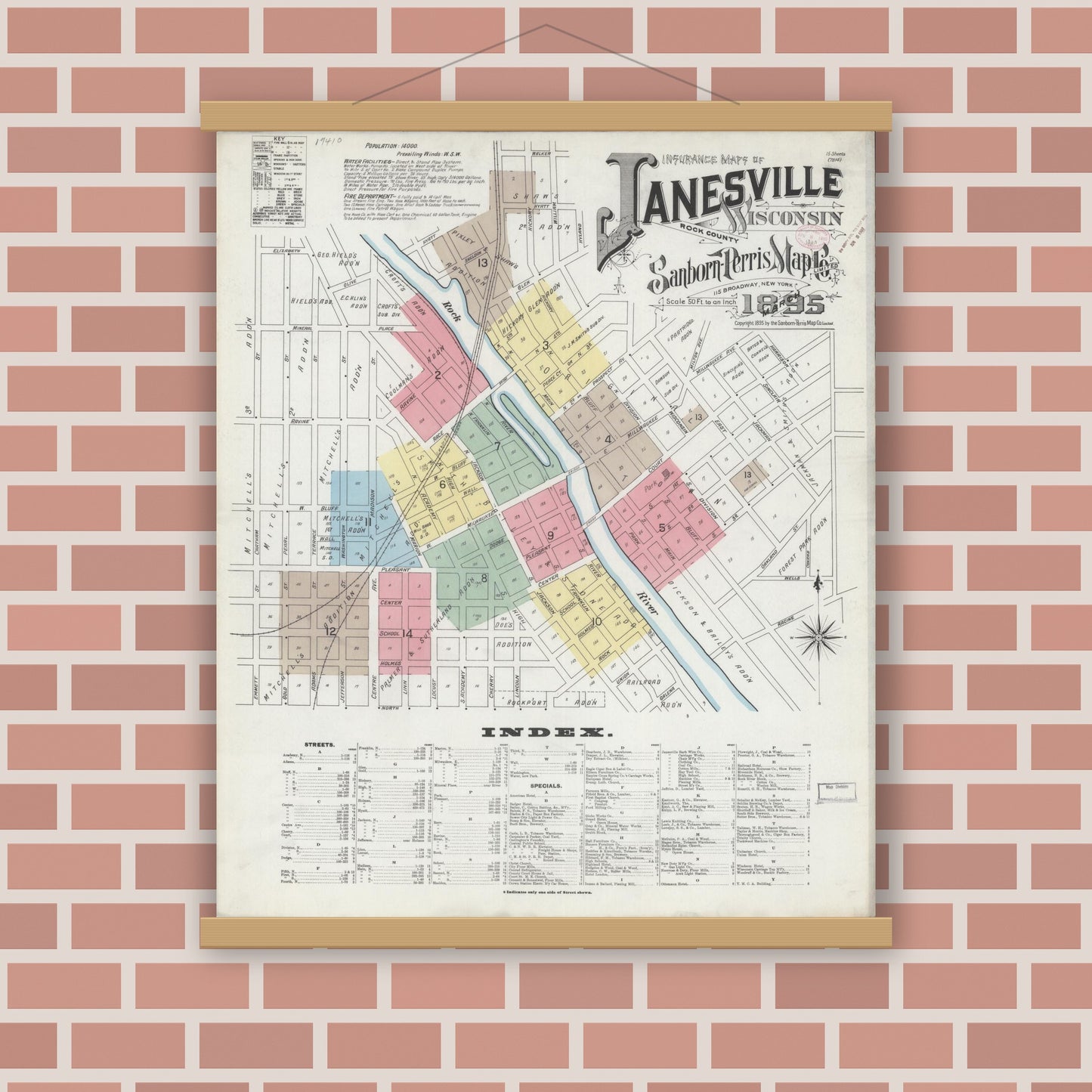 Old map wall art mockup — magnetic wood frame on brick wall — Sanborn Fire Insurance Map from Janesville, Rock County, Wisconsin (1895), Sheet #0001