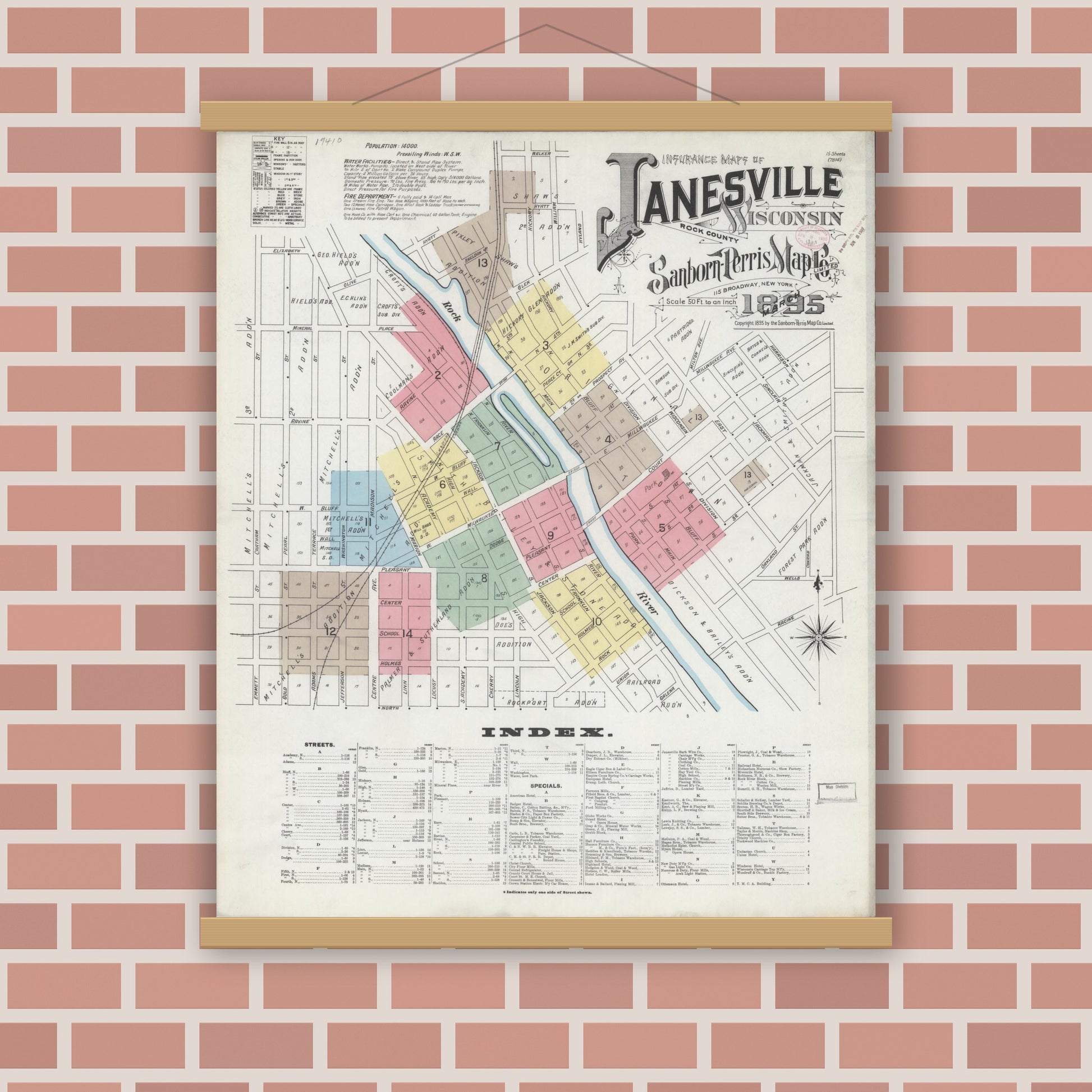 Old map wall art mockup — magnetic wood frame on brick wall — Sanborn Fire Insurance Map from Janesville, Rock County, Wisconsin (1895), Sheet #0001