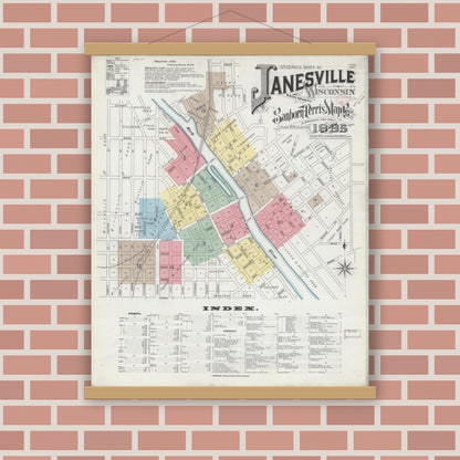 Old map wall art mockup — magnetic wood frame on brick wall — Sanborn Fire Insurance Map from Janesville, Rock County, Wisconsin (1895), Sheet #0001