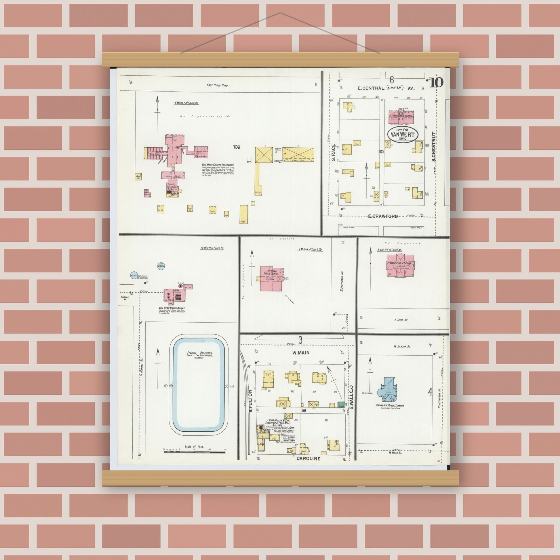 Old map wall art mockup — magnetic wood frame on brick wall — Sanborn Fire Insurance Map from Van Wert, Van Wert County, Ohio (1901), Sheet #0010