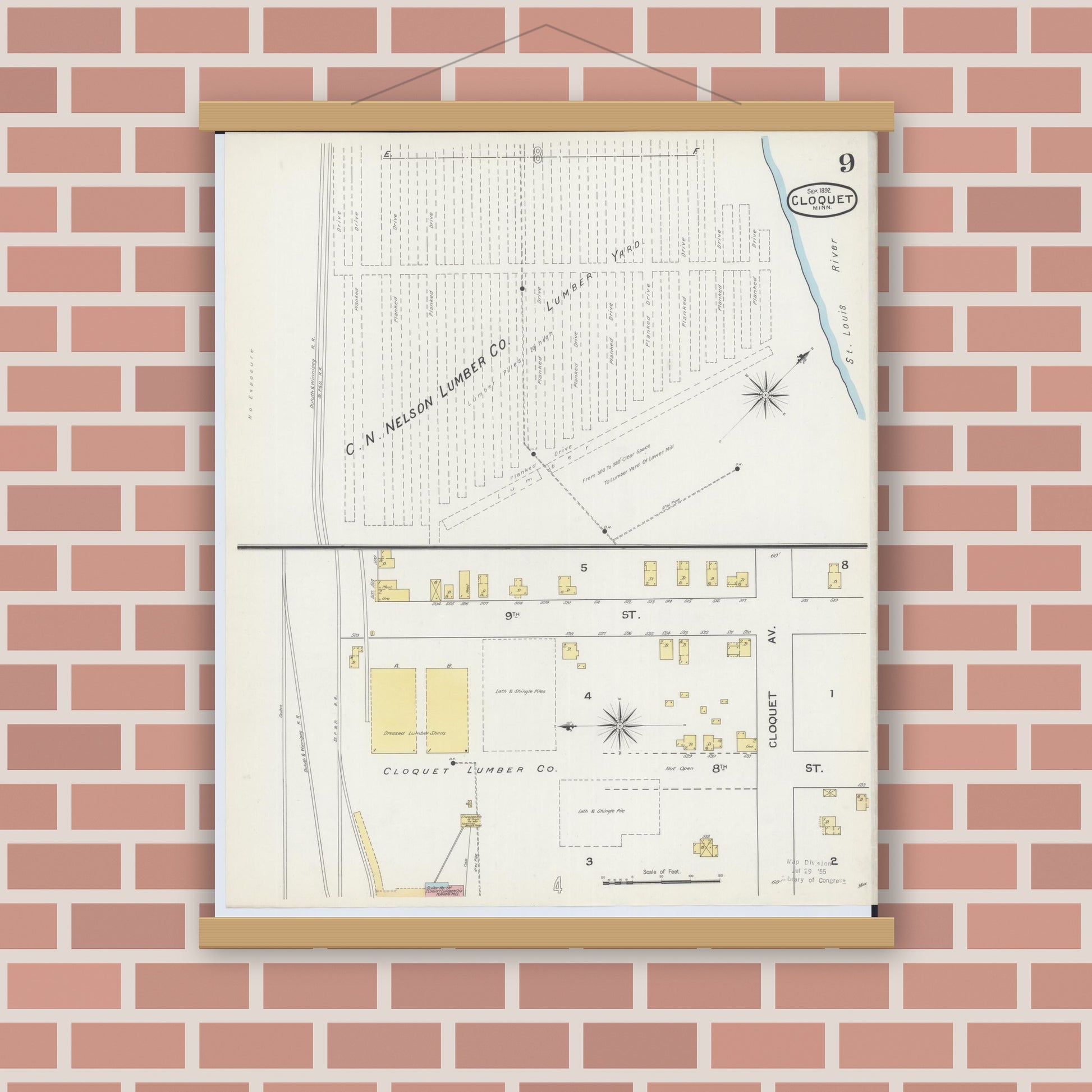 Old map wall art mockup — magnetic wood frame on brick wall — Sanborn Fire Insurance Map from Cloquet, Carlton County, Minnesota (1892), Sheet #0009