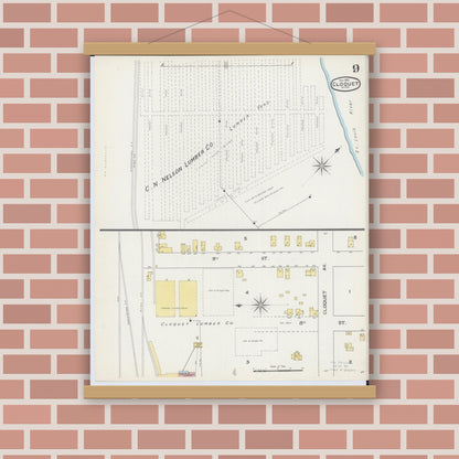 Old map wall art mockup — magnetic wood frame on brick wall — Sanborn Fire Insurance Map from Cloquet, Carlton County, Minnesota (1892), Sheet #0009