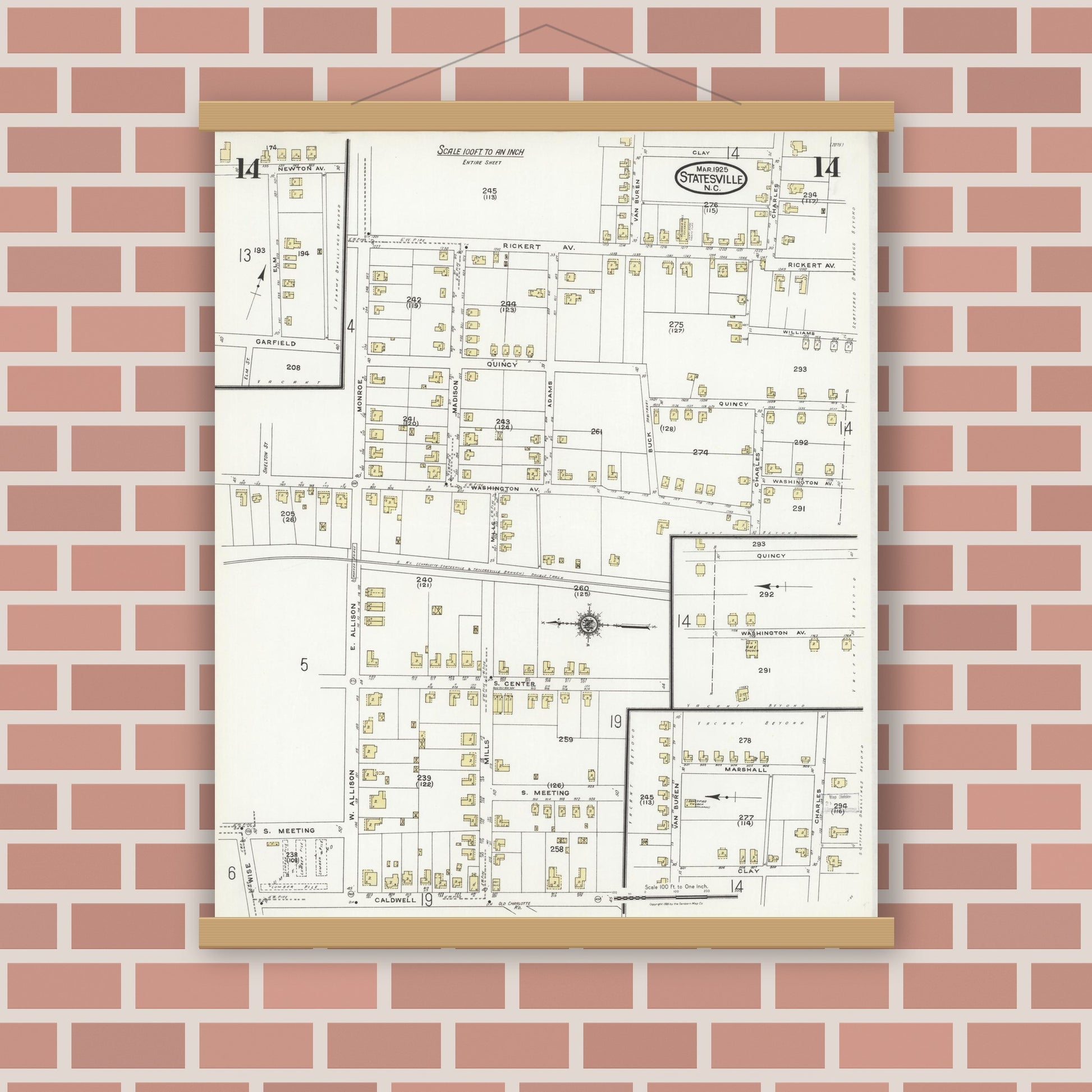 Old map wall art mockup — magnetic wood frame on brick wall — Sanborn Fire Insurance Map from Statesville, Iredell County, North Carolina (1925), Sheet #0014