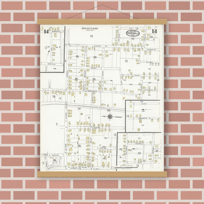Old map wall art mockup — magnetic wood frame on brick wall — Sanborn Fire Insurance Map from Statesville, Iredell County, North Carolina (1925), Sheet #0014