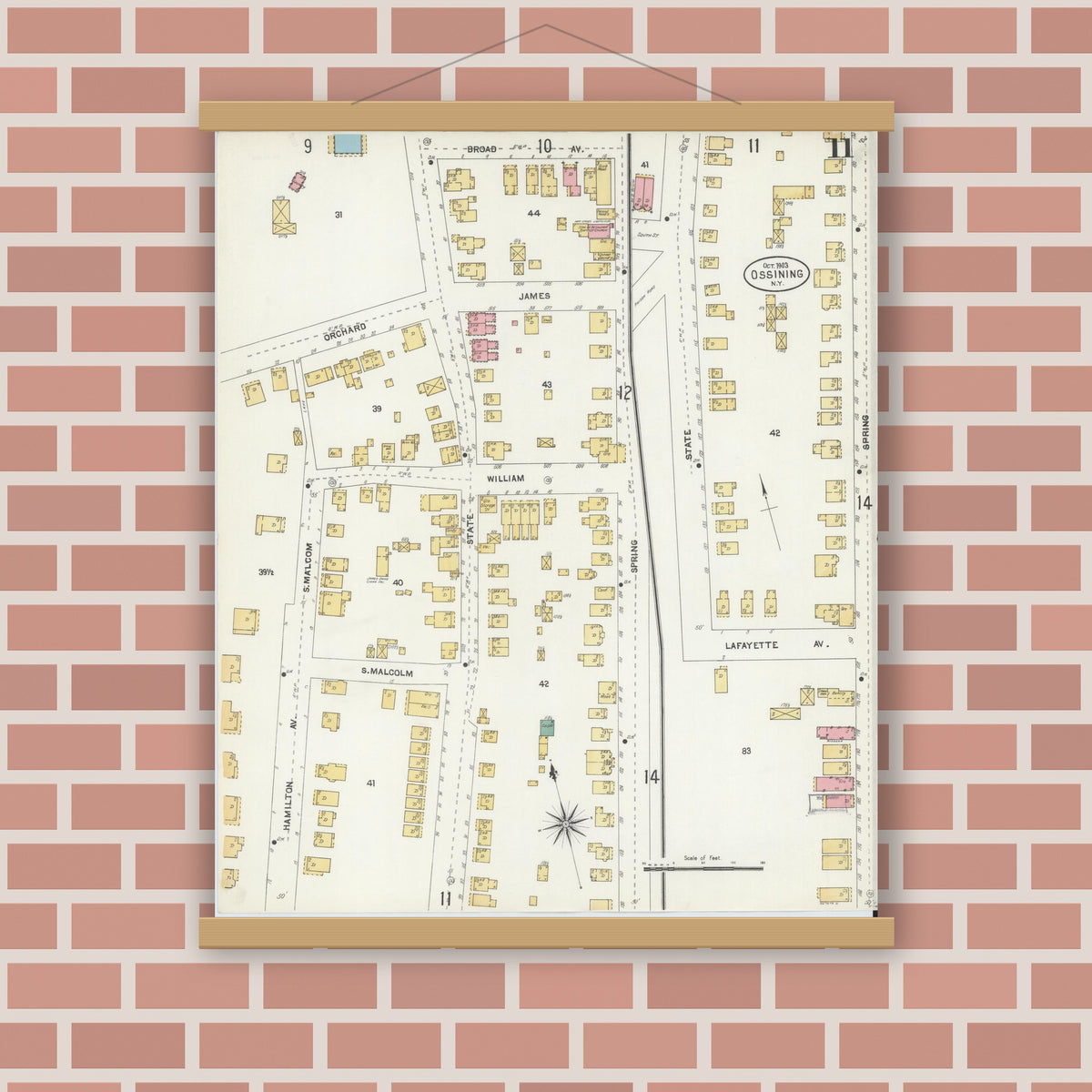 Old map wall art mockup — magnetic wood frame on brick wall — Sanborn Fire Insurance Map from Ossining, Westchester County, New York (1903), Sheet #0011