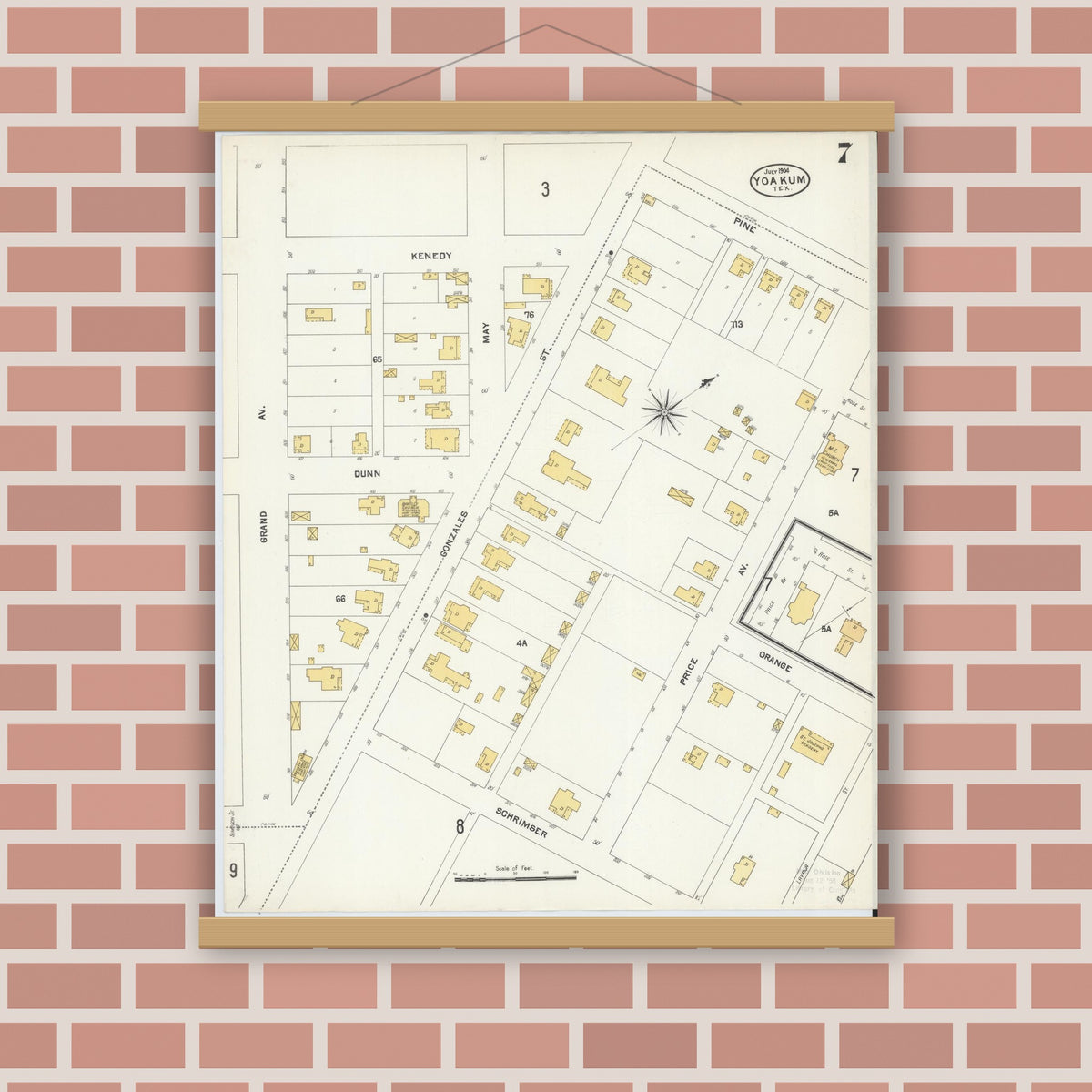 Old map wall art mockup — magnetic wood frame on brick wall — Sanborn Fire Insurance Map from Yoakum, De Witt And Lavaca Counties, Texas (1904), Sheet #0007