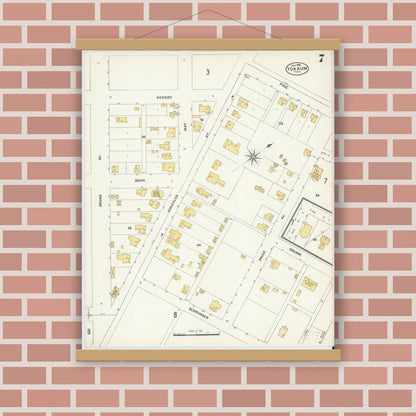 Old map wall art mockup — magnetic wood frame on brick wall — Sanborn Fire Insurance Map from Yoakum, De Witt And Lavaca Counties, Texas (1904), Sheet #0007