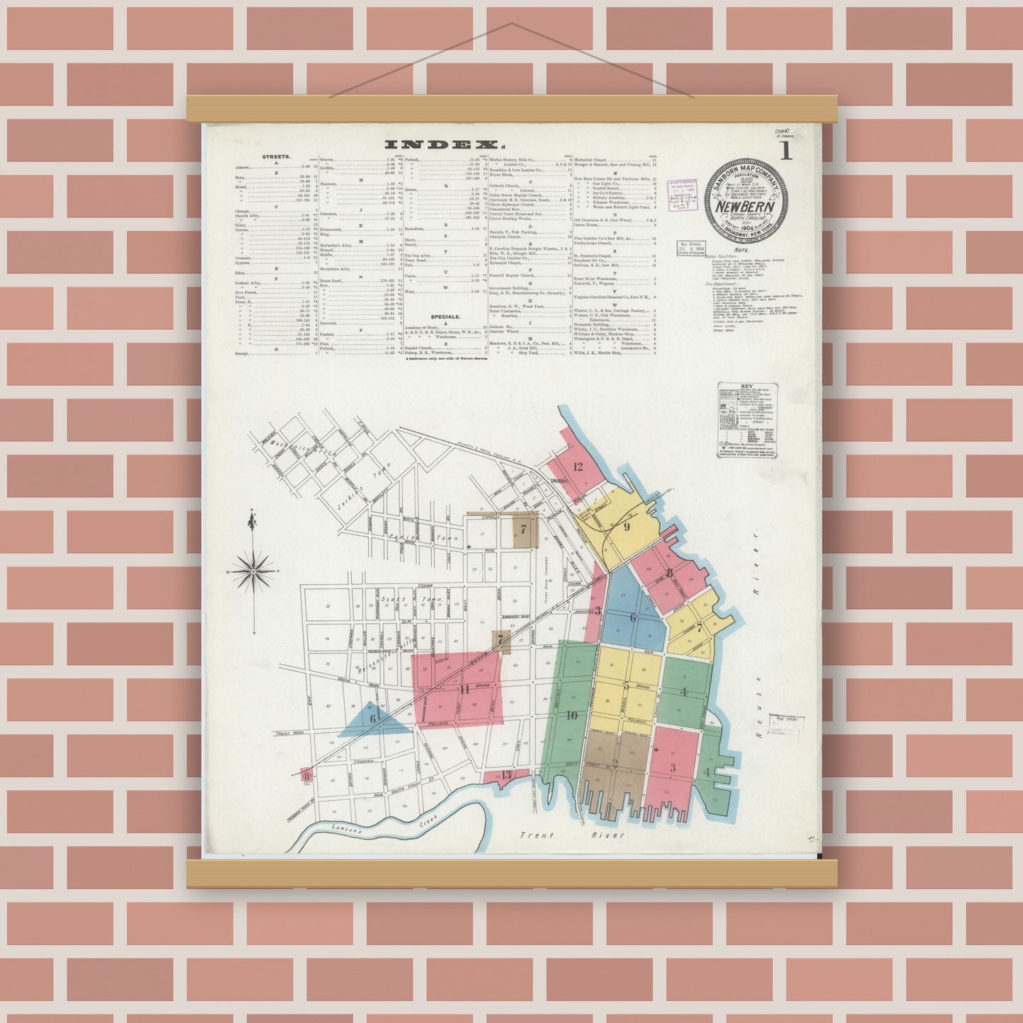 Old map wall art mockup — magnetic wood frame on brick wall — Sanborn Fire Insurance Map from New Bern, Craven County, North Carolina (1904) - Complete Map Set