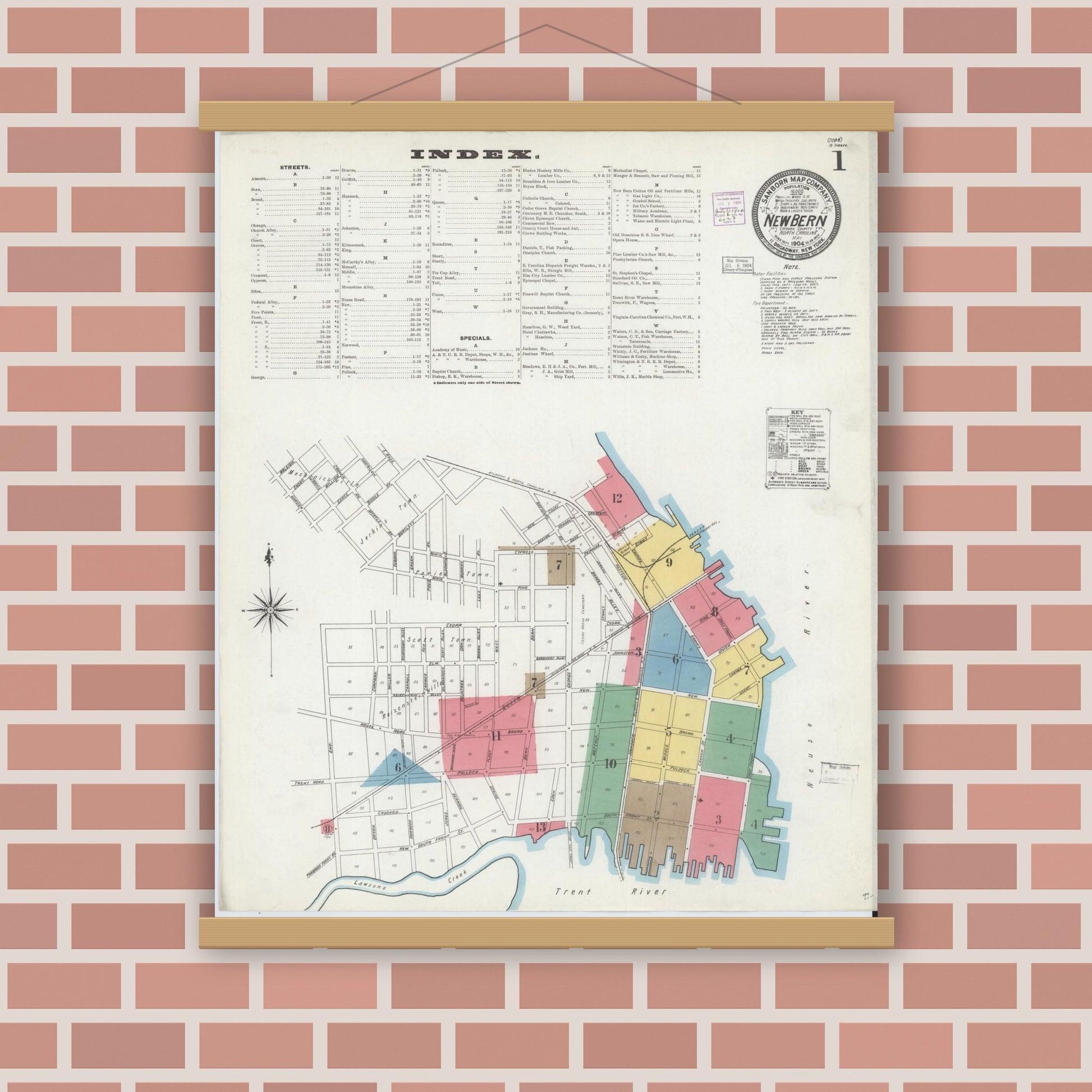 Old map wall art mockup — magnetic wood frame on brick wall — Sanborn Fire Insurance Map from New Bern, Craven County, North Carolina (1904) - Complete Map Set