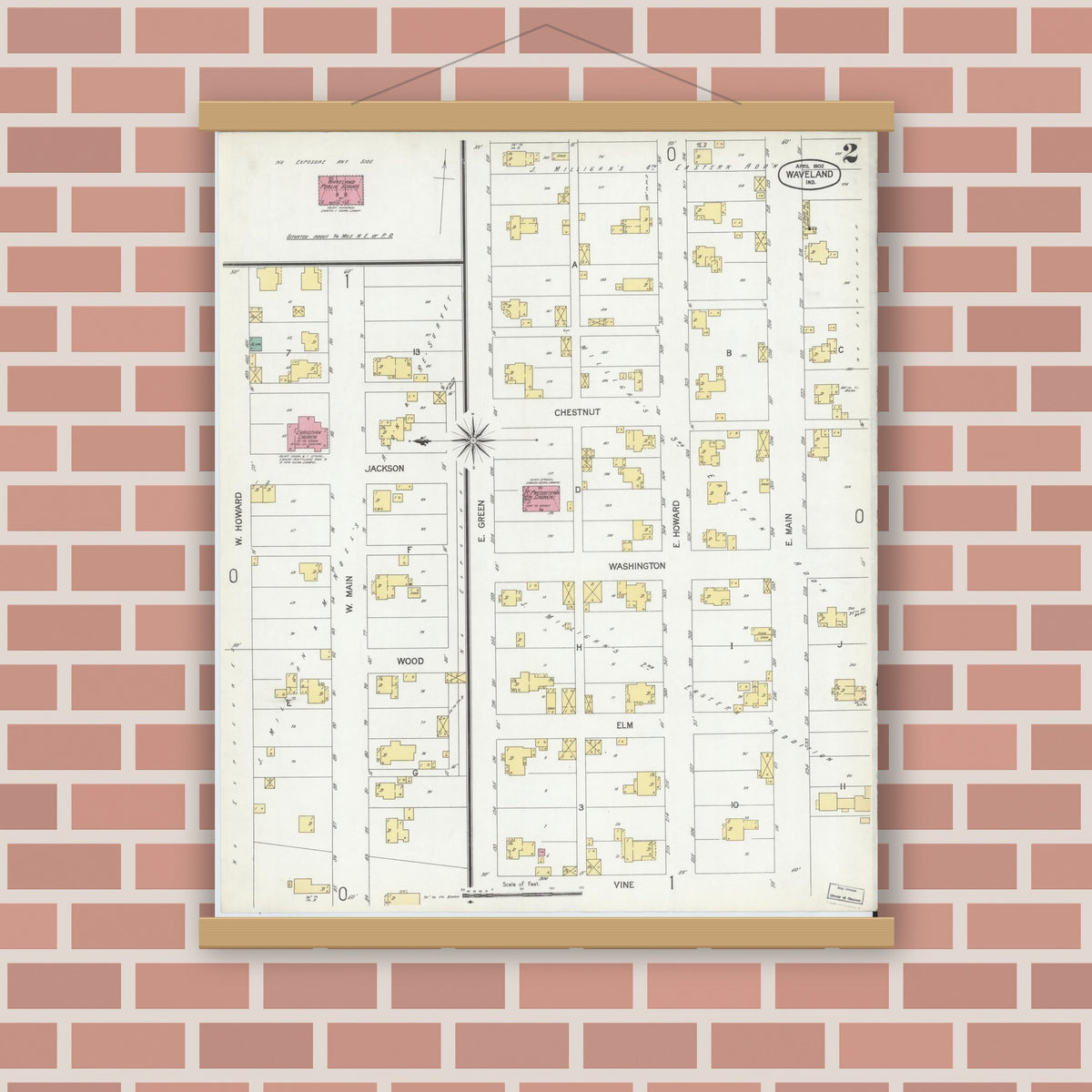 Old map wall art mockup — magnetic wood frame on brick wall — Sanborn Fire Insurance Map from Waveland, Montgomery County, Indiana (1902), Sheet #0002