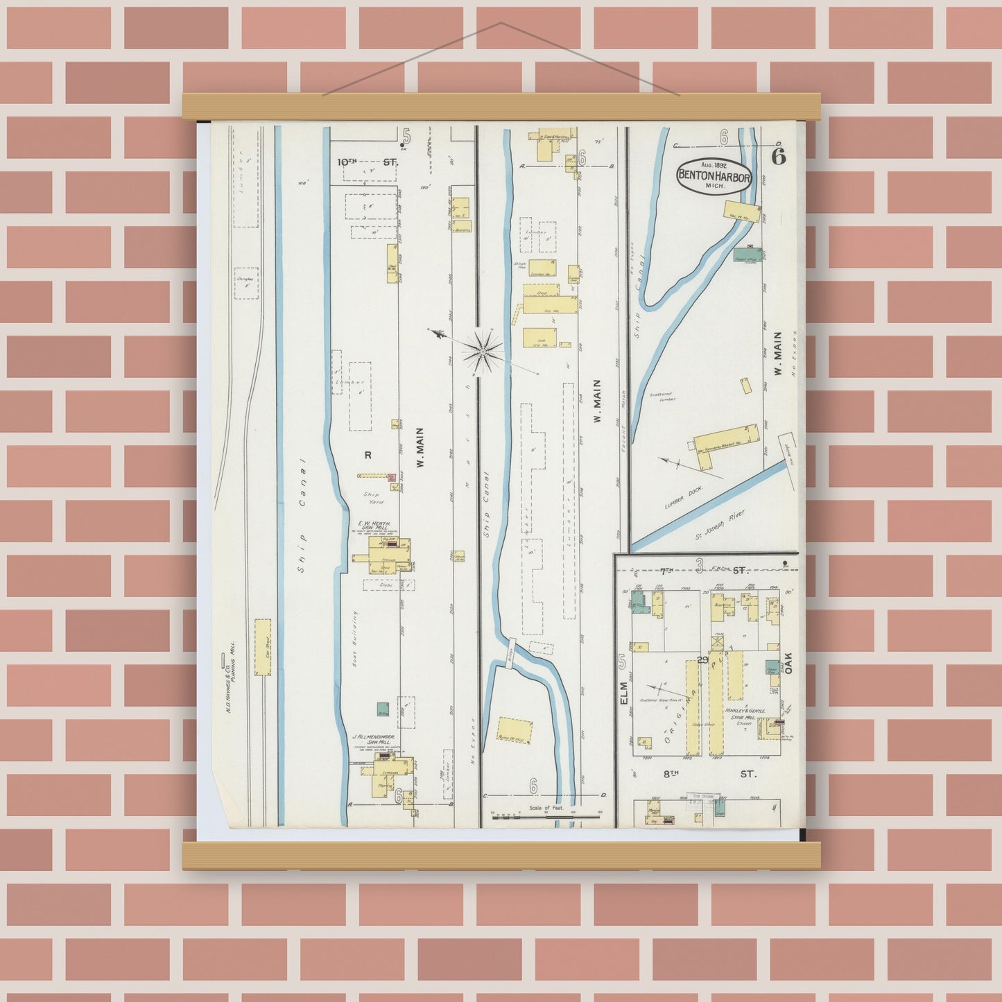 Old map wall art mockup — magnetic wood frame on brick wall — Sanborn Fire Insurance Map from Benton Harbor, Berrien County, Michigan (1892), Sheet #0006