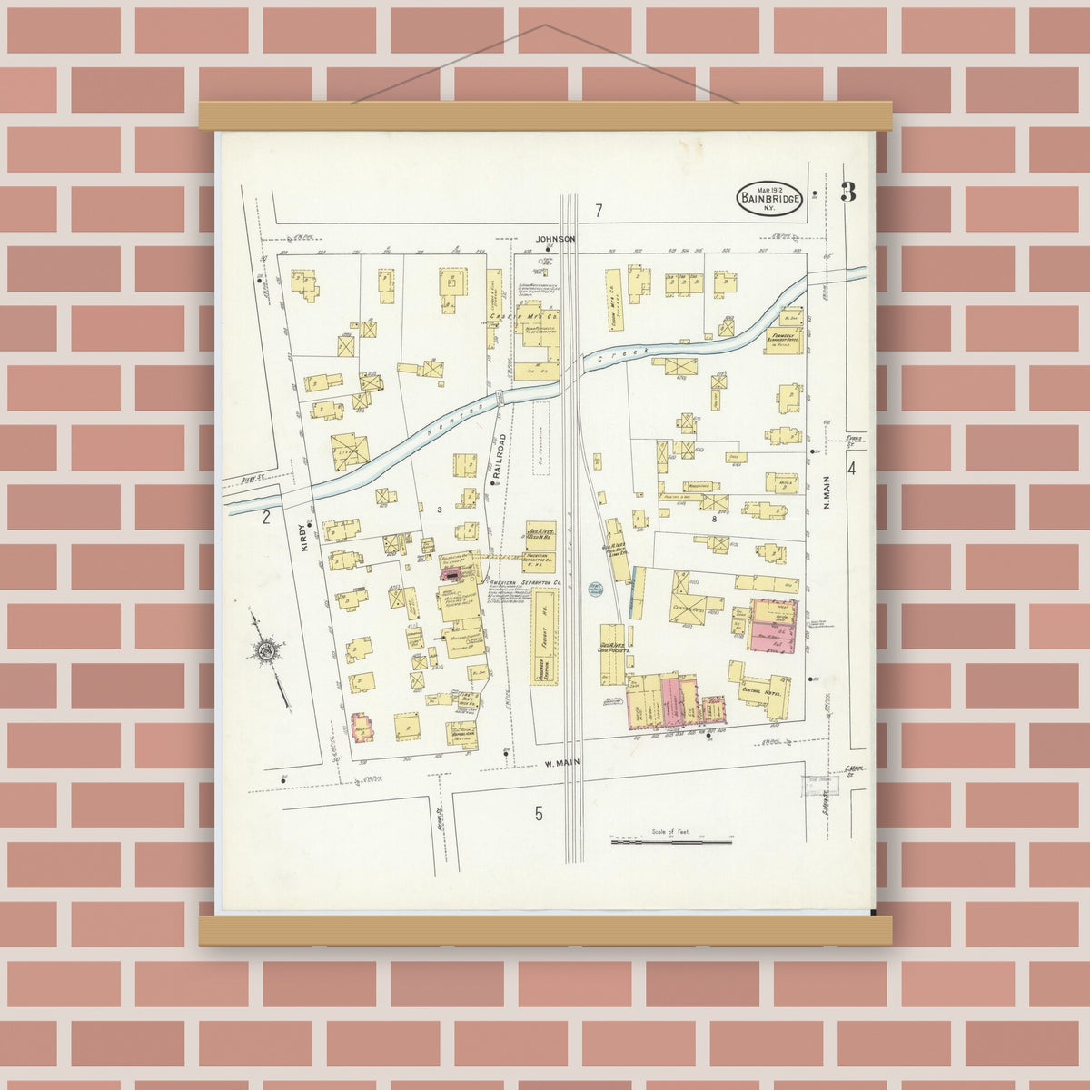 Old map wall art mockup — magnetic wood frame on brick wall — Sanborn Fire Insurance Map from Bainbridge, Chenango County, New York (1912), Sheet #0003