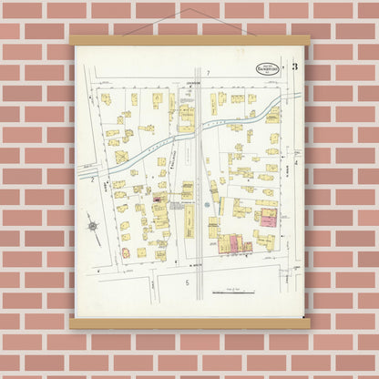 Old map wall art mockup — magnetic wood frame on brick wall — Sanborn Fire Insurance Map from Bainbridge, Chenango County, New York (1912), Sheet #0003