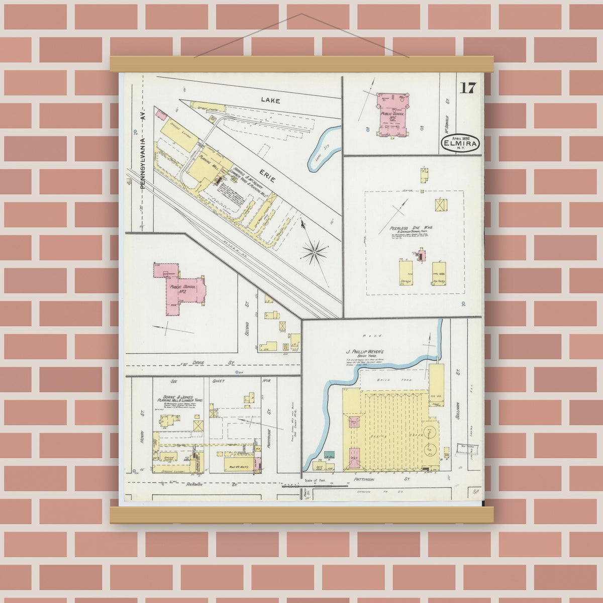Old map wall art mockup — magnetic wood frame on brick wall — Sanborn Fire Insurance Map from Elmira, Chemung County, New York (1892), Sheet #0017
