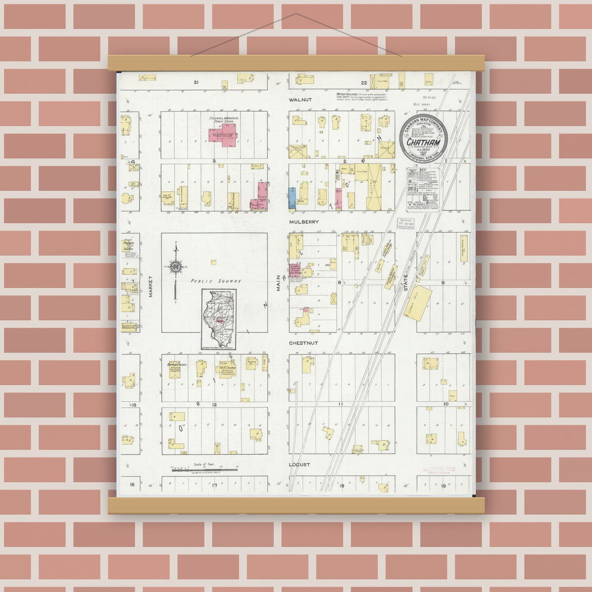 Old map wall art mockup — magnetic wood frame on brick wall — Sanborn Fire Insurance Map from Chatham, Sangamon County, Illinois (1917), Sheet #0001