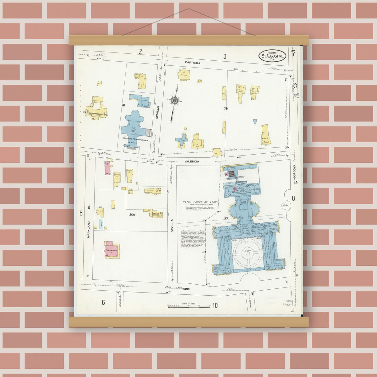 Old map wall art mockup — magnetic wood frame on brick wall — Sanborn Fire Insurance Map from Saint Augustine, Saint John's County, Florida (1910), Sheet #0007