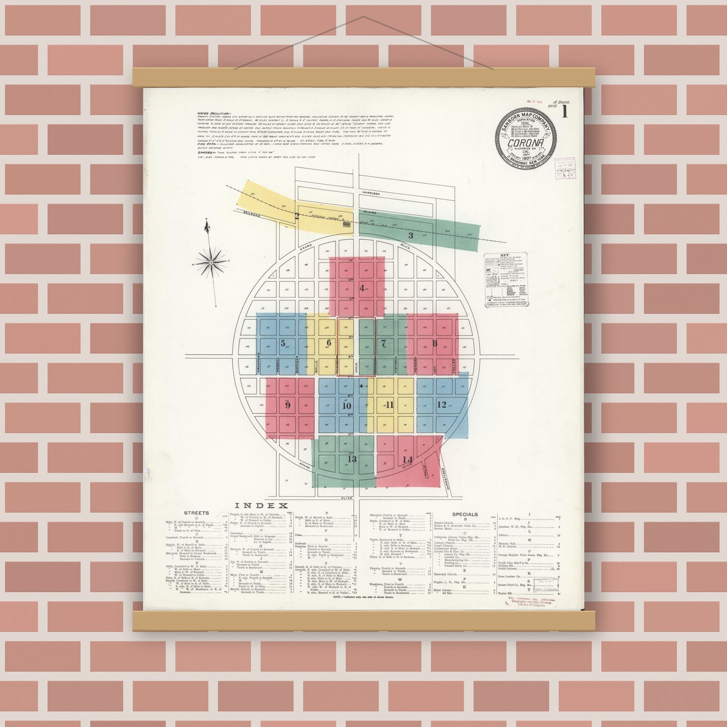 Old map wall art mockup — magnetic wood frame on brick wall — Sanborn Fire Insurance Map from Corona, Riverside County, California (1907) - Complete Map Set
