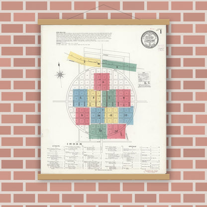 Old map wall art mockup — magnetic wood frame on brick wall — Sanborn Fire Insurance Map from Corona, Riverside County, California (1907) - Complete Map Set