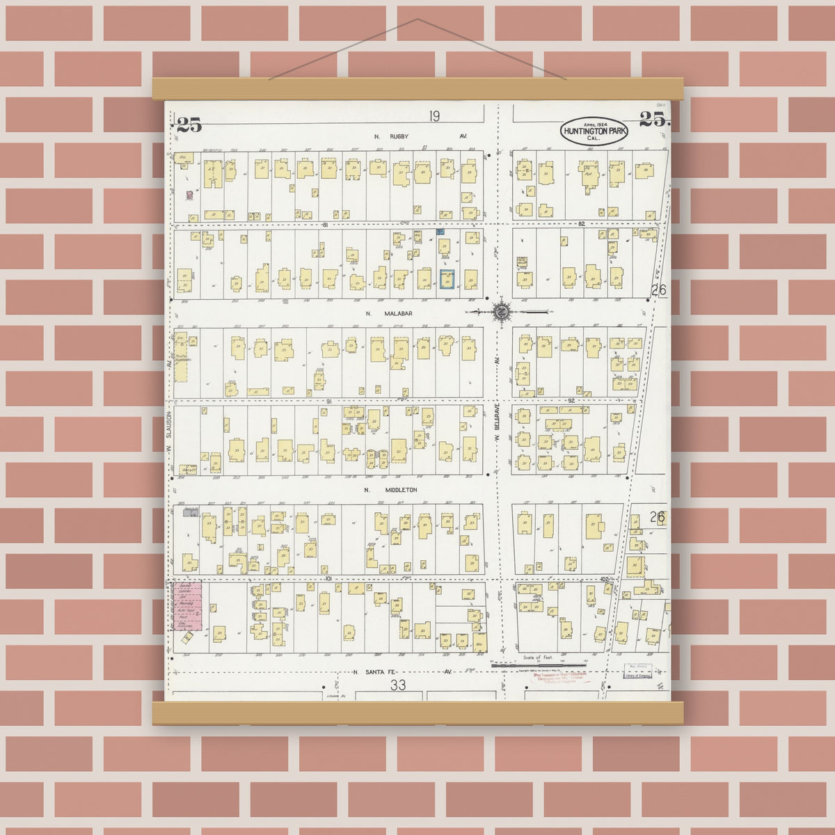 Old map wall art mockup — magnetic wood frame on brick wall — Sanborn Fire Insurance Map from Huntington Park, Los Angeles County, California (1924), Sheet #0025