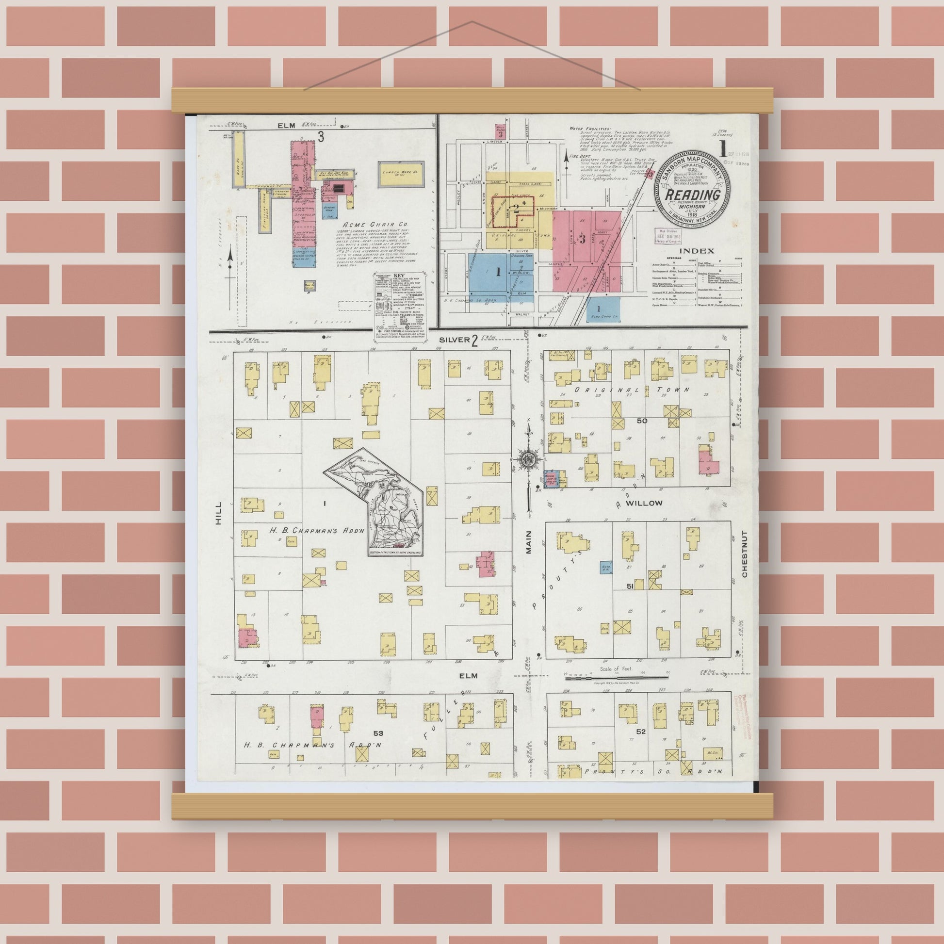 Old map wall art mockup — magnetic wood frame on brick wall — Sanborn Fire Insurance Map from Reading, Hillsdale County, Michigan (1918) - Complete Map Set