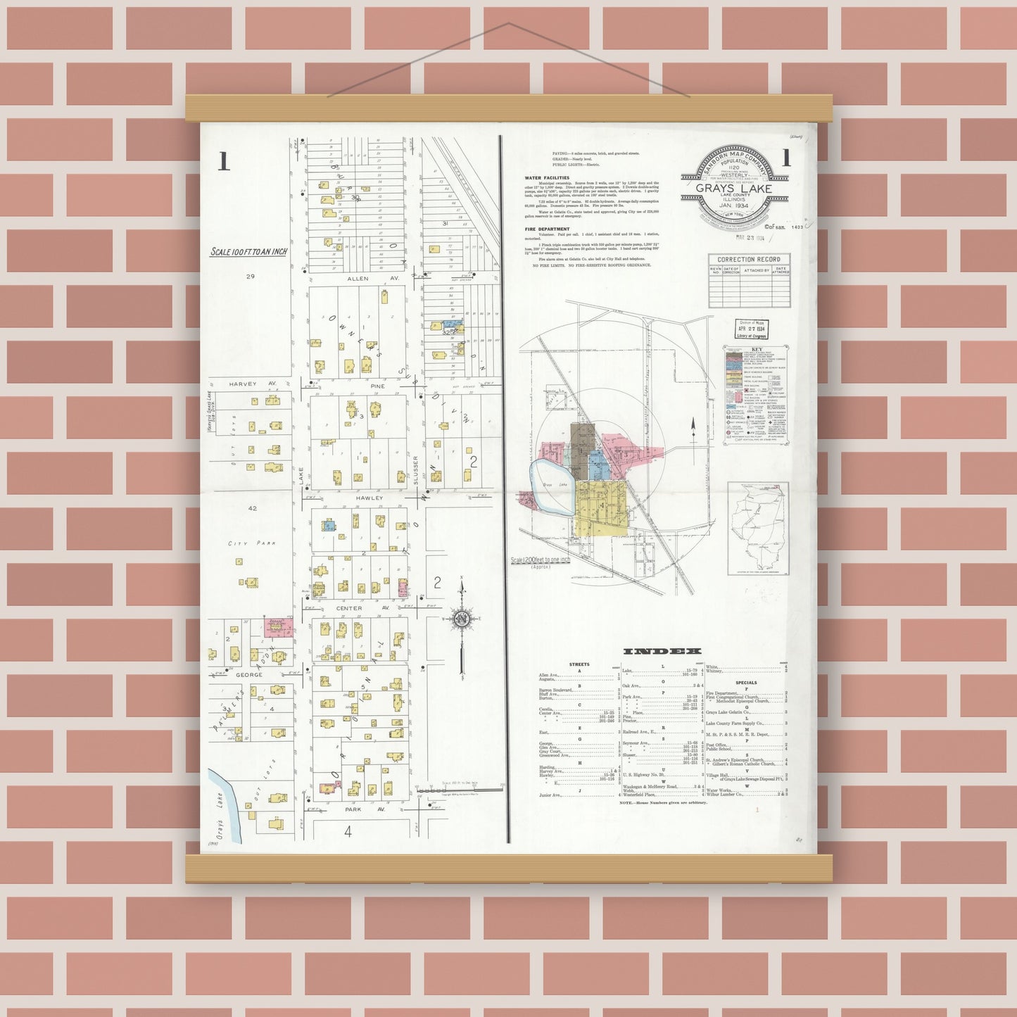 Old map wall art mockup — magnetic wood frame on brick wall — Sanborn Fire Insurance Map from Grays Lake, Lake County, Illinois (1934), Sheet #0001