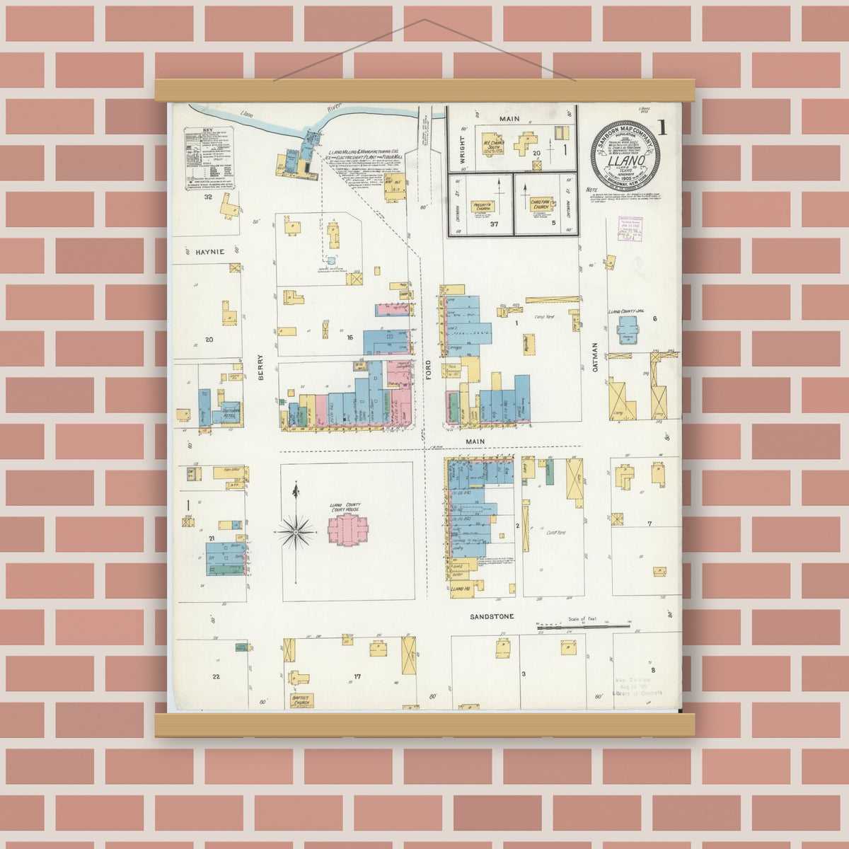 Old map wall art mockup — magnetic wood frame on brick wall — Sanborn Fire Insurance Map from Llano, Llano County, Texas (1905) - Complete Map Set