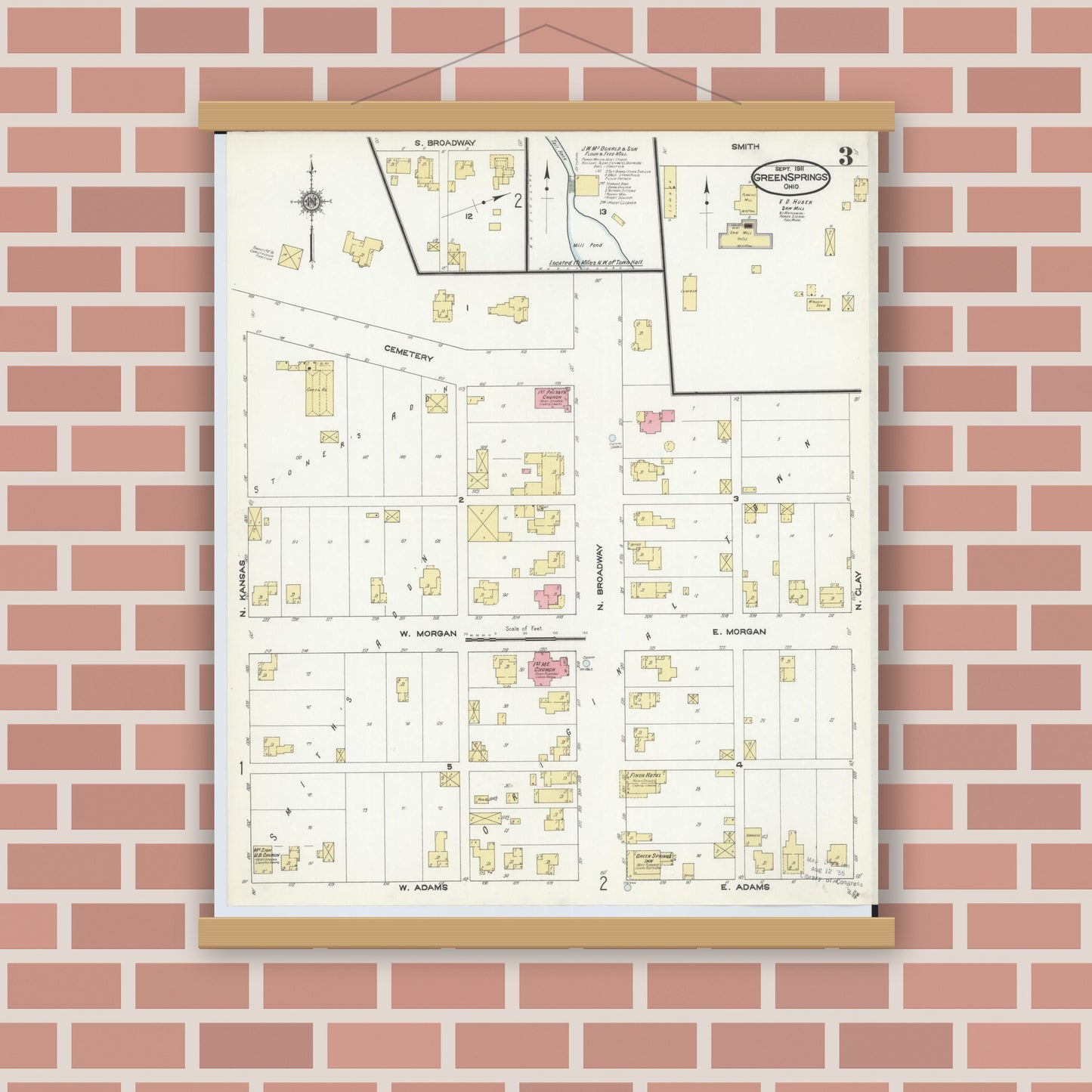 Old map wall art mockup — magnetic wood frame on brick wall — Sanborn Fire Insurance Map from Green Springs, Sandusky And Seneca Counties, Ohio (1911), Sheet #0003