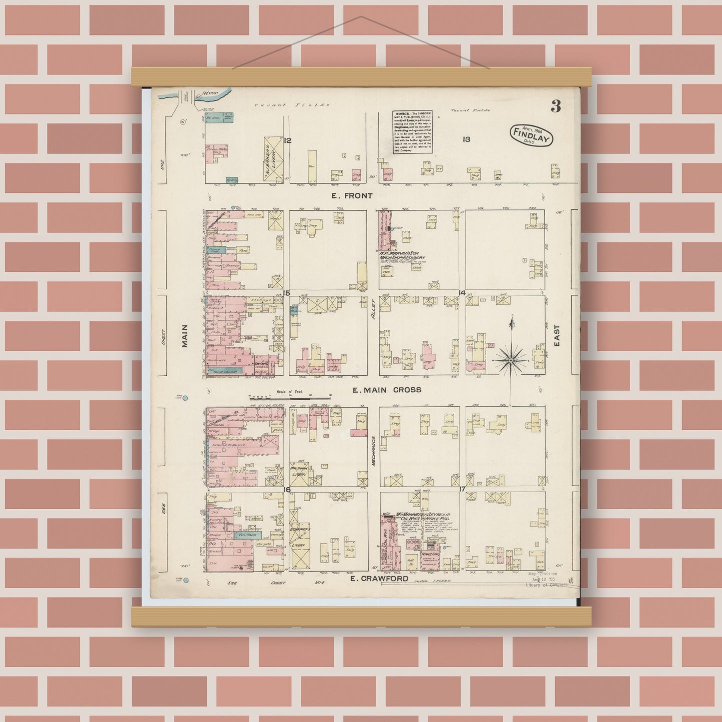 Old map wall art mockup — magnetic wood frame on brick wall — Sanborn Fire Insurance Map from Findlay, Hancock County, Ohio (1884), Sheet #0003