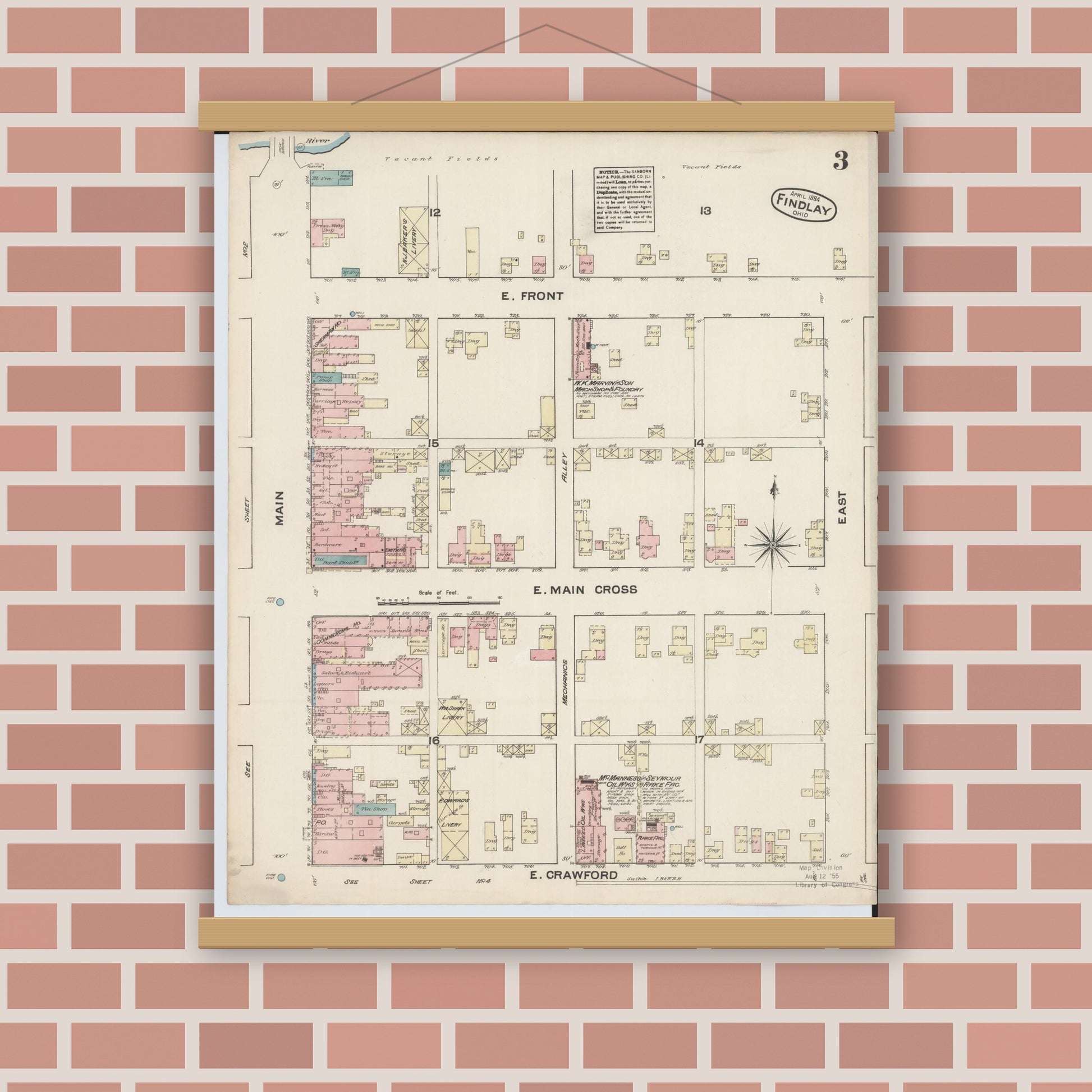 Old map wall art mockup — magnetic wood frame on brick wall — Sanborn Fire Insurance Map from Findlay, Hancock County, Ohio (1884), Sheet #0003